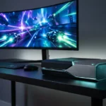 Console Xbox Projet Helix noire sur bureau, avec un écran incurvé affichant un jeu de course futuriste dynamique et coloré.