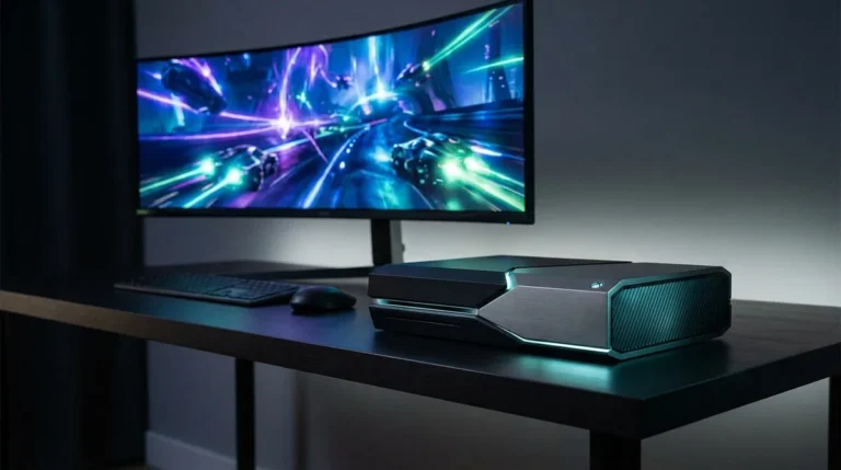 Console Xbox Projet Helix noire sur bureau, avec un écran incurvé affichant un jeu de course futuriste dynamique et coloré.