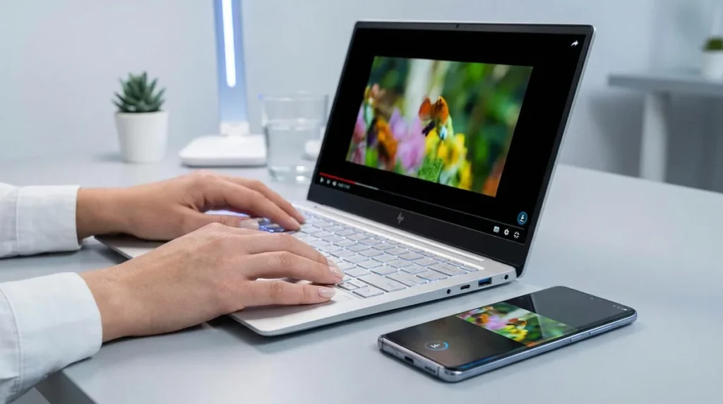 Personne tapant sur un PC portable HP visionnant une vidéo, avec un smartphone affichant un transfert/aperçu à côté sur un bureau épuré.
