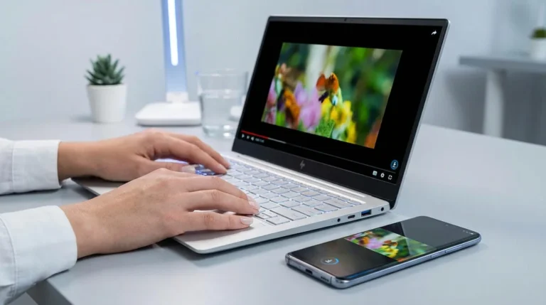Personne tapant sur un PC portable HP visionnant une vidéo, avec un smartphone affichant un transfert/aperçu à côté sur un bureau épuré.