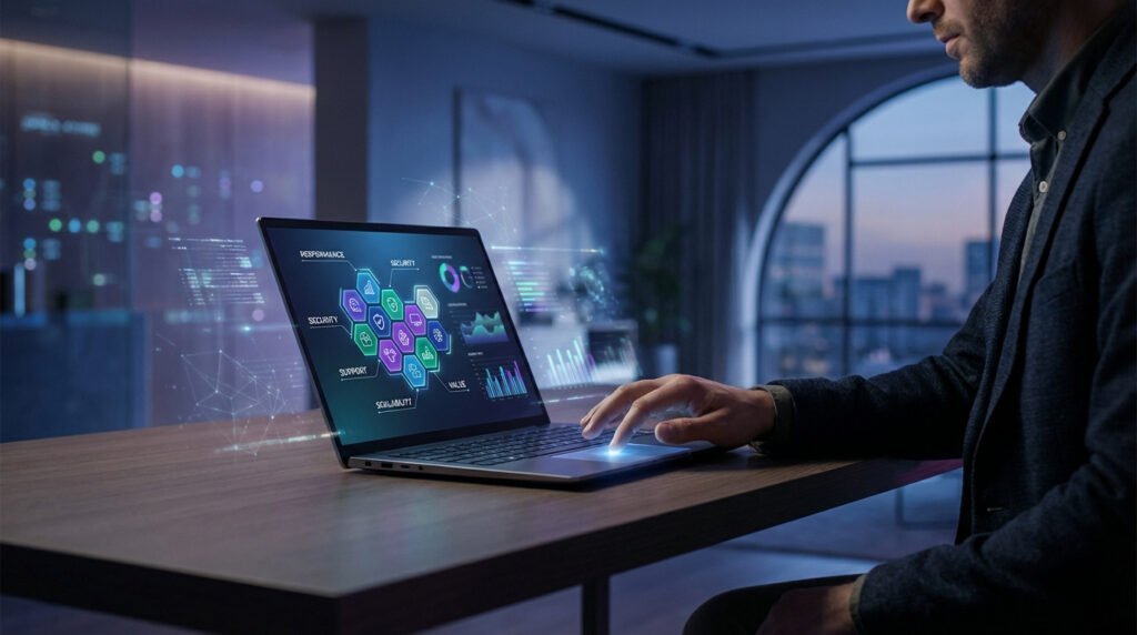 Homme analysant des données d'hébergement web sur un ordinateur portable, avec des graphiques de performance, sécurité et support.
