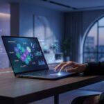 Homme analysant des données d'hébergement web sur un ordinateur portable, avec des graphiques de performance, sécurité et support.