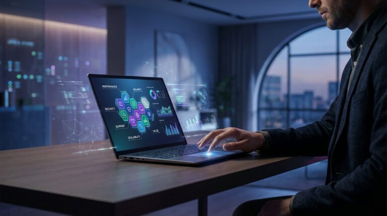 Homme analysant des données d'hébergement web sur un ordinateur portable, avec des graphiques de performance, sécurité et support.