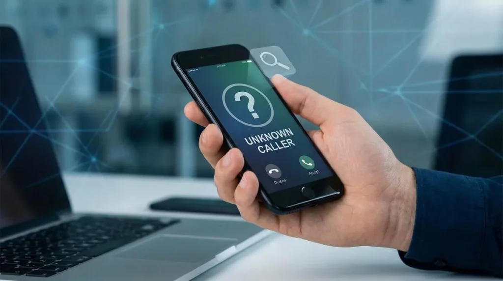 Main tenant un smartphone affichant 'UNKNOWN CALLER' et une loupe en surimpression, devant un ordinateur portable. Contexte d'annuaire inversé.