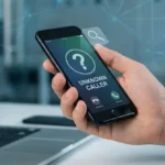 Main tenant un smartphone affichant 'UNKNOWN CALLER' et une loupe en surimpression, devant un ordinateur portable. Contexte d'annuaire inversé.