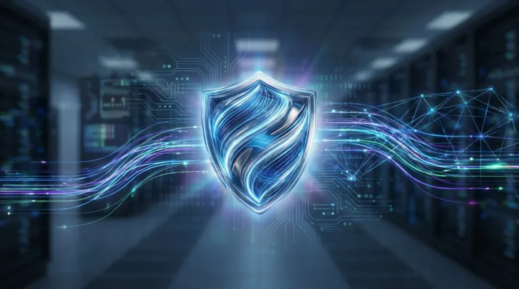 Bouclier de sécurité numérique lumineux devant un centre de données, avec des flux de données cybernétiques dynamiques. Symbolise la protection VPN.