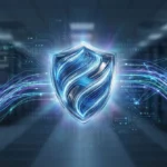 Bouclier de sécurité numérique lumineux devant un centre de données, avec des flux de données cybernétiques dynamiques. Symbolise la protection VPN.