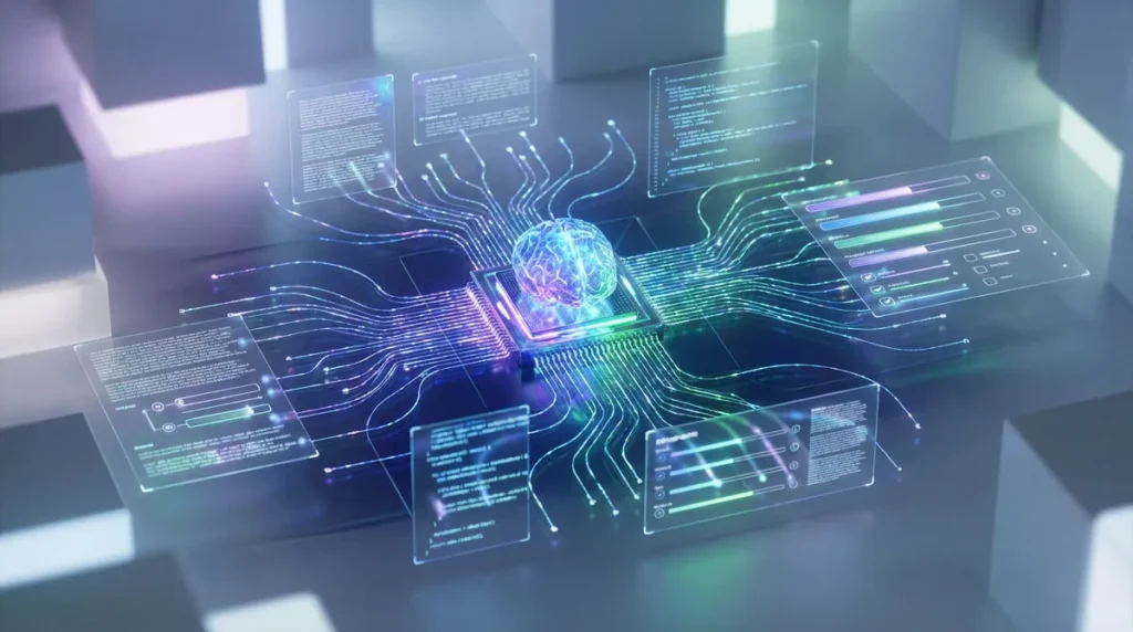 Une illustration futuriste d'un cerveau numérique lumineux sur une puce électronique, avec des flux de données et des écrans holographiques affichant du texte et des graphiques.