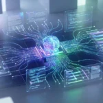 Une illustration futuriste d'un cerveau numérique lumineux sur une puce électronique, avec des flux de données et des écrans holographiques affichant du texte et des graphiques.