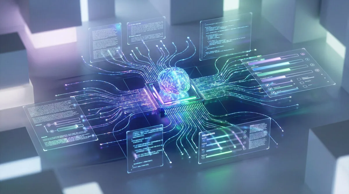 Une illustration futuriste d'un cerveau numérique lumineux sur une puce électronique, avec des flux de données et des écrans holographiques affichant du texte et des graphiques.