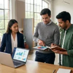 Trois professionnels discutent de données sur un laptop et une tablette dans un bureau moderne et lumineux, symbolisant la collaboration.