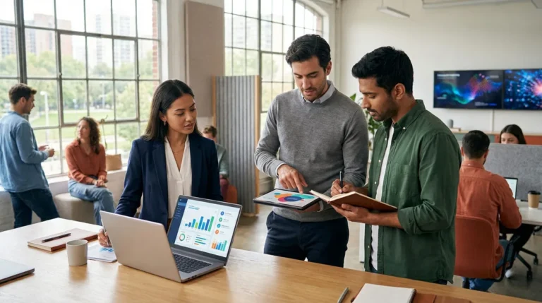 Trois professionnels discutent de données sur un laptop et une tablette dans un bureau moderne et lumineux, symbolisant la collaboration.