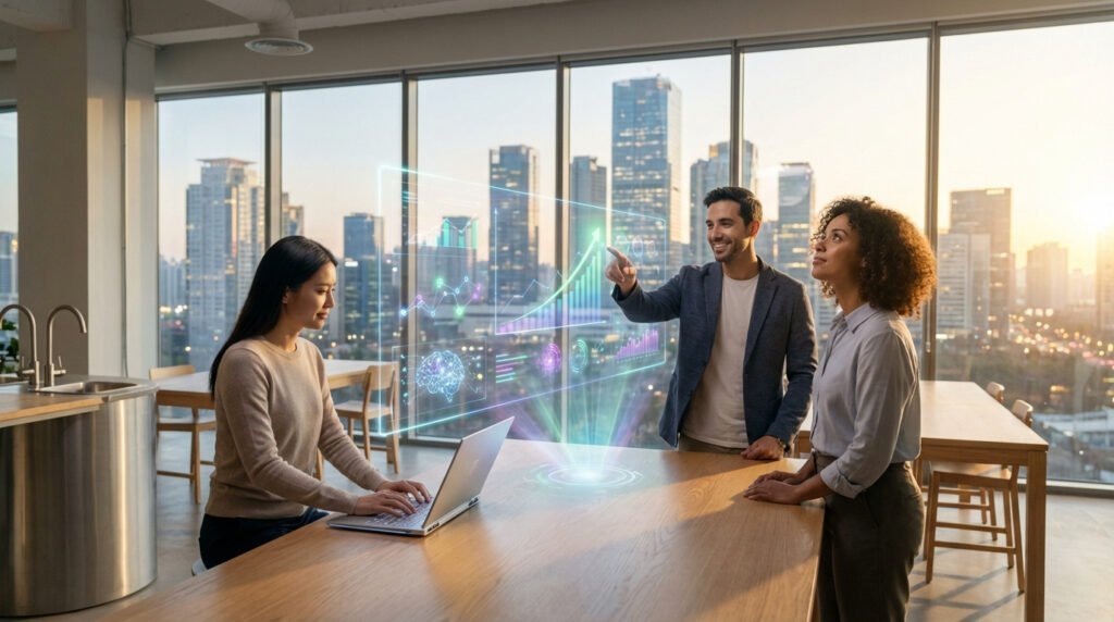 Trois personnes analysent des données holographiques de croissance dans un bureau moderne avec vue sur la ville.