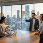 Trois personnes analysent des données holographiques de croissance dans un bureau moderne avec vue sur la ville.