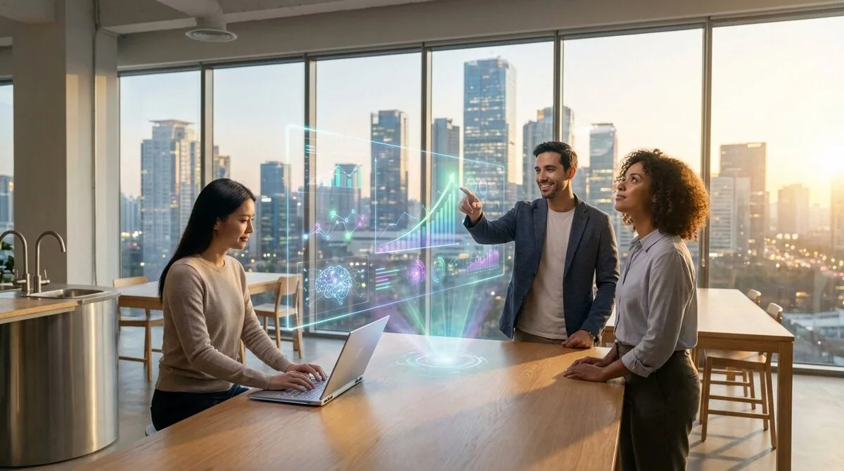 Trois personnes analysent des données holographiques de croissance dans un bureau moderne avec vue sur la ville.