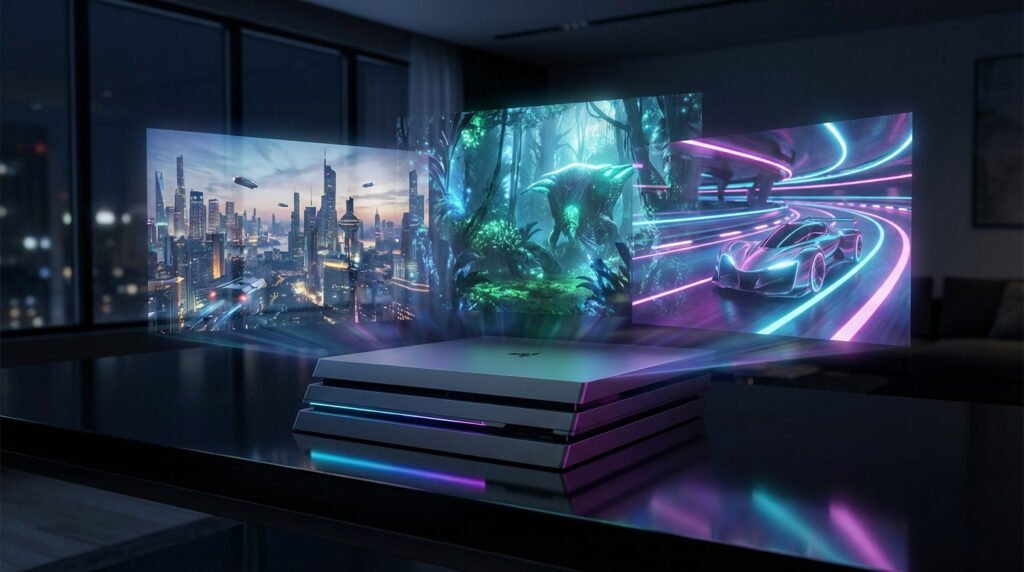 Console de jeu futuriste projetant trois scènes de jeux holographiques : ville volante, jungle alien, course néon.