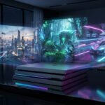 Console de jeu futuriste projetant trois scènes de jeux holographiques : ville volante, jungle alien, course néon.