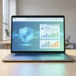 Un ordinateur portable sur un bureau en bois. L'écran affiche un bouclier lumineux de sécurité et des graphiques de données.