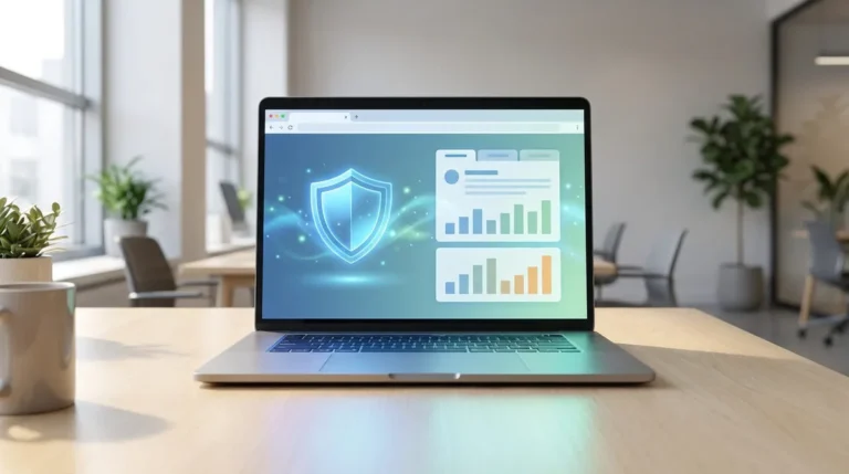 Un ordinateur portable sur un bureau en bois. L'écran affiche un bouclier lumineux de sécurité et des graphiques de données.