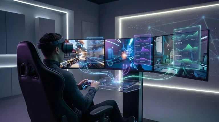 Un gamer avec casque VR joue sur plusieurs écrans affichant des jeux et des données d'analyse pour le streaming 4K.