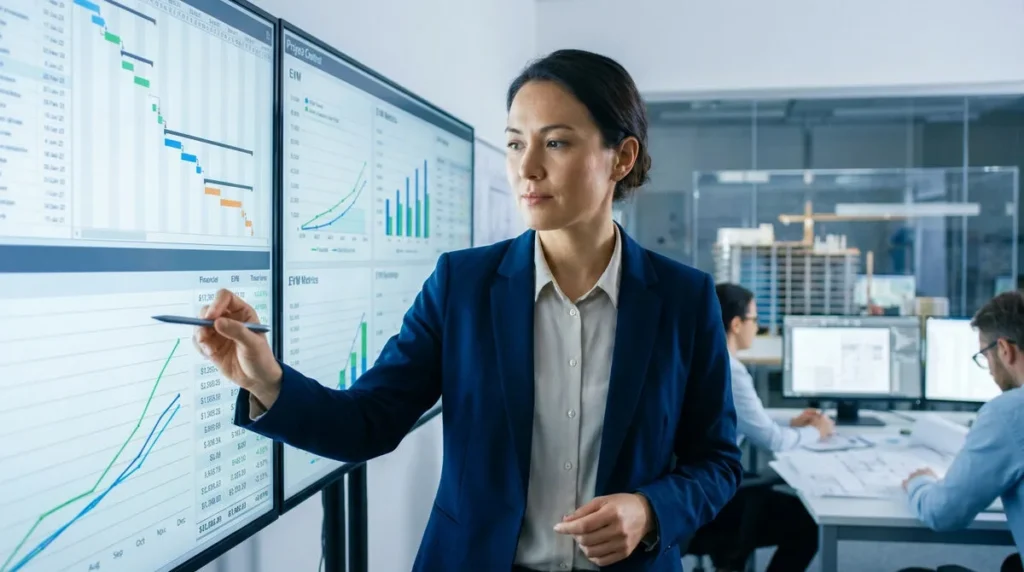 Femme gestionnaire de projet en costume bleu, analysant des graphiques et un tableau de bord sur de grands écrans interactifs dans un bureau.
