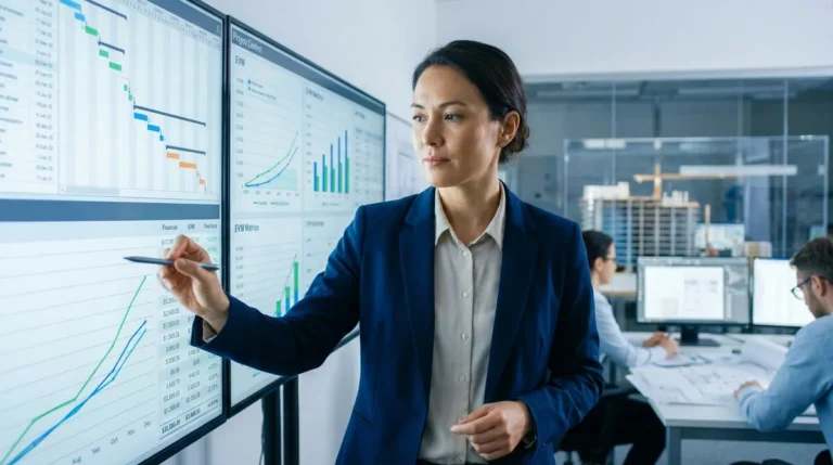 Femme gestionnaire de projet en costume bleu, analysant des graphiques et un tableau de bord sur de grands écrans interactifs dans un bureau.