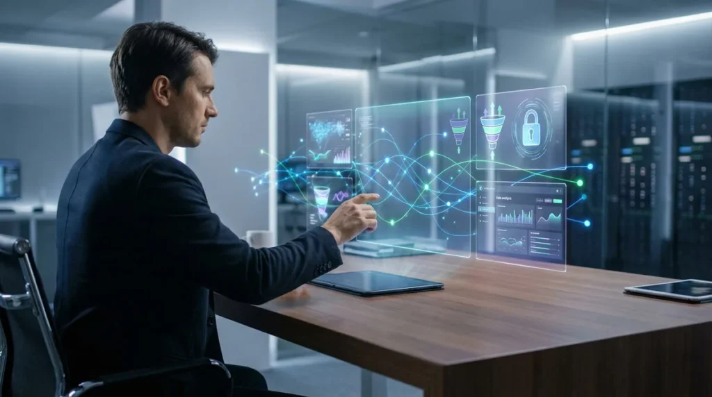 Homme en costume interagit avec des écrans holographiques affichant données, funnels marketing et sécurité numérique.