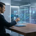 Homme en costume interagit avec des écrans holographiques affichant données, funnels marketing et sécurité numérique.