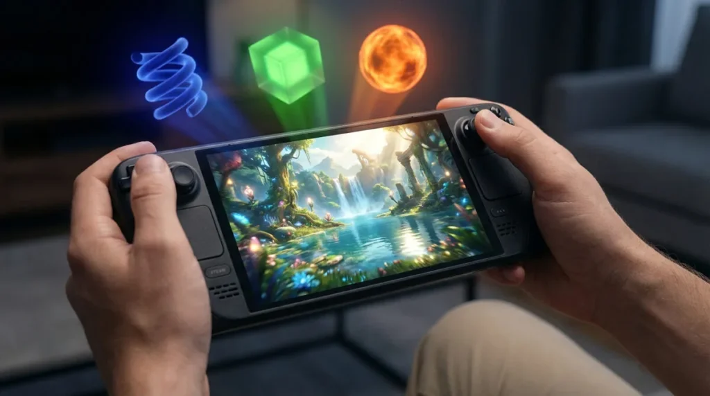 Deux mains tiennent une console portable affichant un monde fantastique. Des hologrammes (spirale bleue, cube vert, sphère orange) flottent au-dessus.