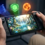 Deux mains tiennent une console portable affichant un monde fantastique. Des hologrammes (spirale bleue, cube vert, sphère orange) flottent au-dessus.