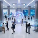 Vue aérienne d'un bureau futuriste lumineux avec des professionnels interagissant avec des affichages holographiques et un cerveau IA central.