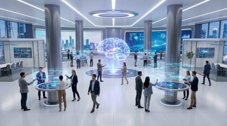 Vue aérienne d'un bureau futuriste lumineux avec des professionnels interagissant avec des affichages holographiques et un cerveau IA central.