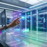 Personne manipulant une interface holographique futuriste affichant du code et des données dans un centre de données.