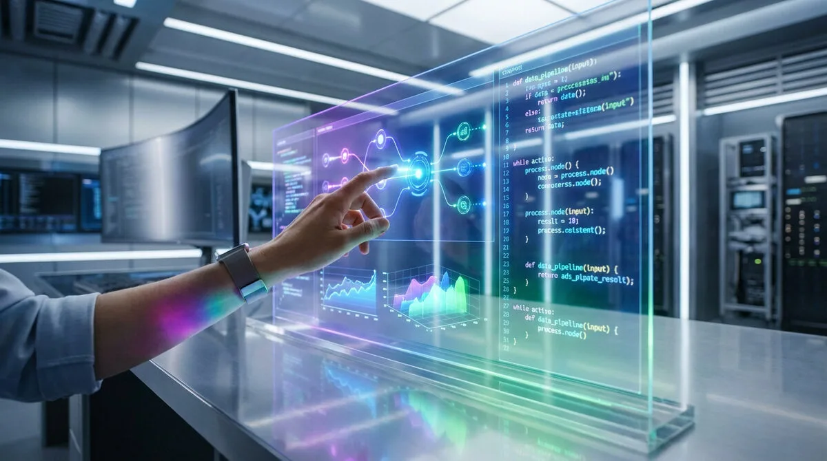 Personne manipulant une interface holographique futuriste affichant du code et des données dans un centre de données.