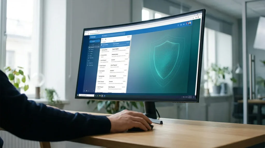 Main d'une personne naviguant dans l'interface Roundcube Webmail affichant une liste d'e-mails et un bouclier de sécurité.