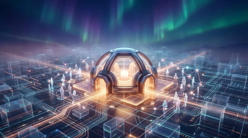 Image numérique d'un dôme futuriste lumineux au centre d'un réseau de silhouettes humaines et circuits brillants, sous une aurore boréale.