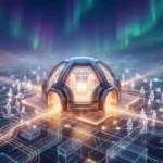 Image numérique d'un dôme futuriste lumineux au centre d'un réseau de silhouettes humaines et circuits brillants, sous une aurore boréale.