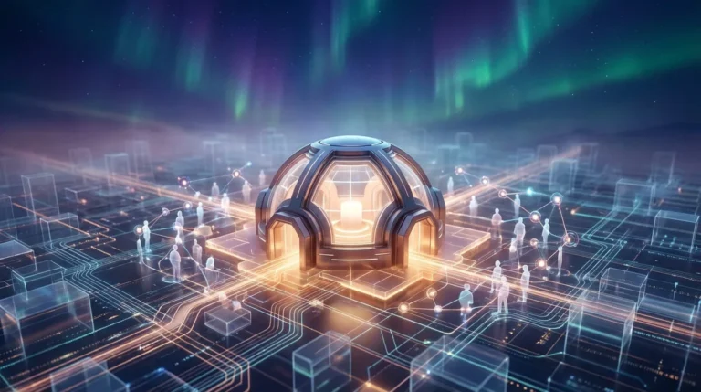 Image numérique d'un dôme futuriste lumineux au centre d'un réseau de silhouettes humaines et circuits brillants, sous une aurore boréale.