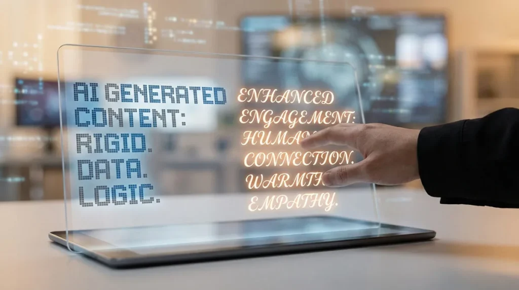 Main touchant un écran holographique comparant le contenu IA (rigide, logique) aux qualités humaines (chaleur, empathie).