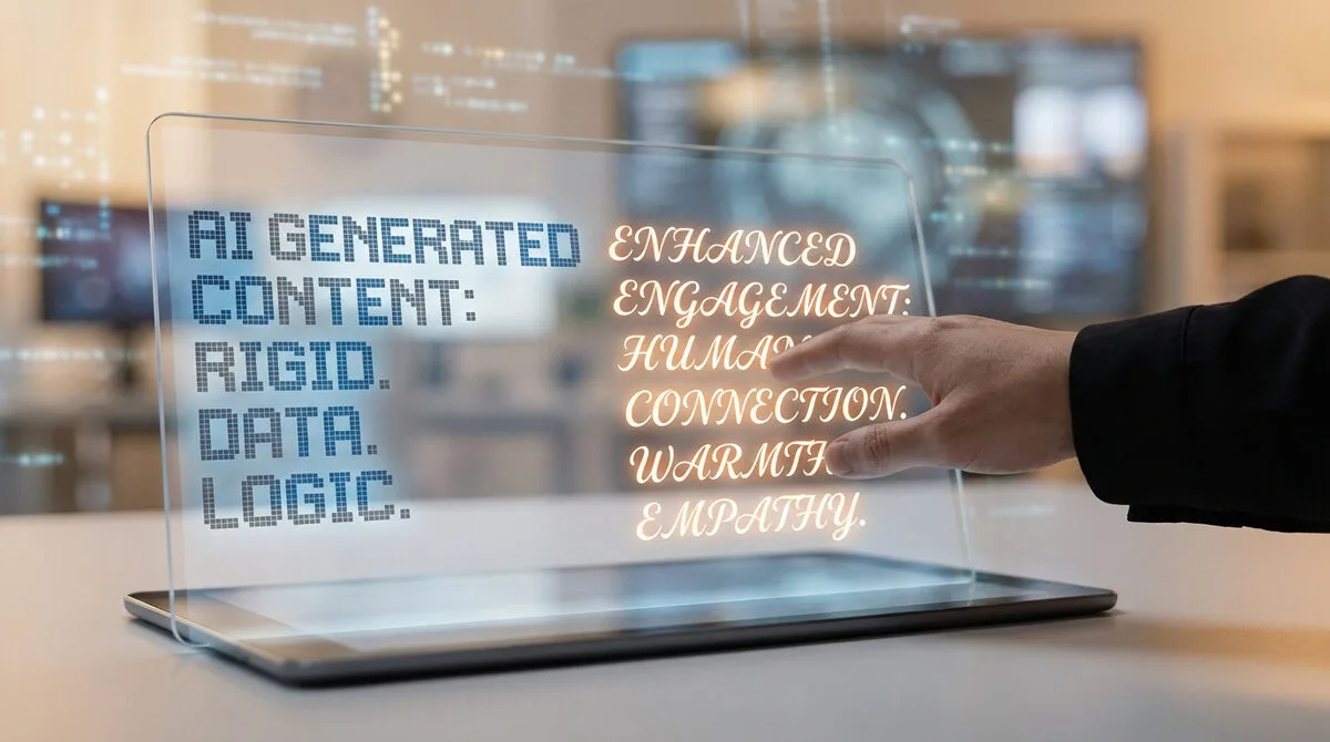 Main touchant un écran holographique comparant le contenu IA (rigide, logique) aux qualités humaines (chaleur, empathie).