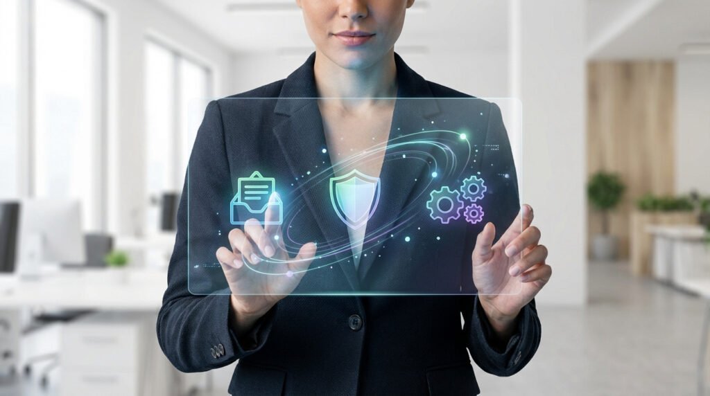 Une personne interagit avec une interface numérique transparente affichant des icônes d'e-mail, de sécurité et de paramètres, dans un bureau moderne.