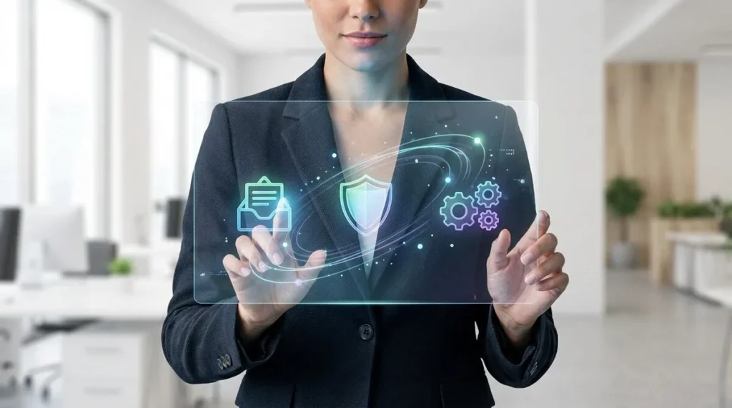 Une personne interagit avec une interface numérique transparente affichant des icônes d'e-mail, de sécurité et de paramètres, dans un bureau moderne.