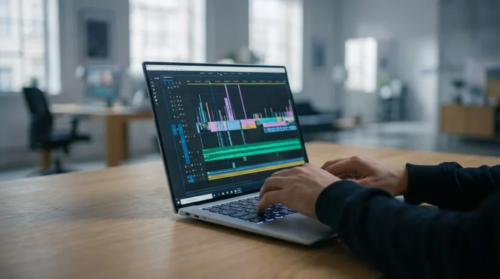 Mains tapant sur un MacBook Pro M4 affichant un logiciel de montage vidéo professionnel. Clavier rétroéclairé, bureau en bois.