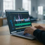 Mains tapant sur un MacBook Pro M4 affichant un logiciel de montage vidéo professionnel. Clavier rétroéclairé, bureau en bois.