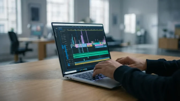 Mains tapant sur un MacBook Pro M4 affichant un logiciel de montage vidéo professionnel. Clavier rétroéclairé, bureau en bois.
