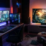 Salle de jeu moderne avec un setup PC lumineux et une console PlayStation 5 près d'une grande TV, tous deux en action.