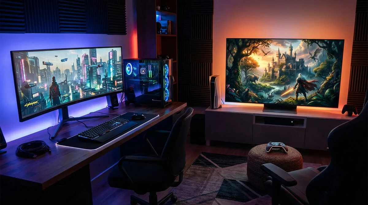 Salle de jeu moderne avec un setup PC lumineux et une console PlayStation 5 près d'une grande TV, tous deux en action.