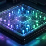 Image d'une puce électronique lumineuse avec des circuits brillants en bleu, vert et violet. Texte "FUSION ARCHITECTURE" et "NEURAL ENGINE 18".