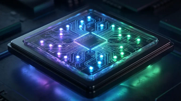Image d'une puce électronique lumineuse avec des circuits brillants en bleu, vert et violet. Texte "FUSION ARCHITECTURE" et "NEURAL ENGINE 18".