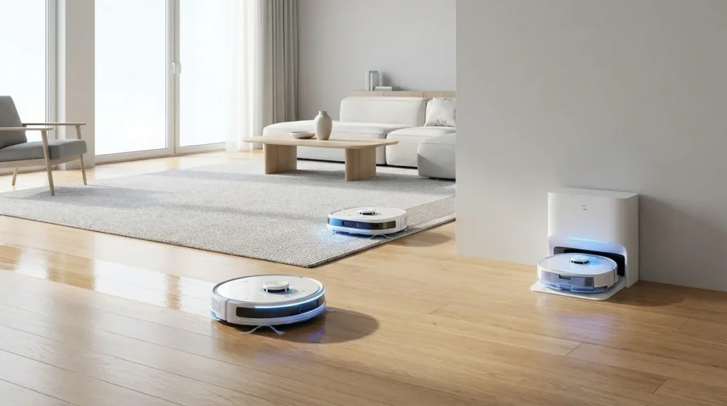 Vue d'un salon moderne et lumineux avec trois aspirateurs robots blancs : un nettoie le parquet, un autre le tapis, et le troisième est à sa station de recharge.